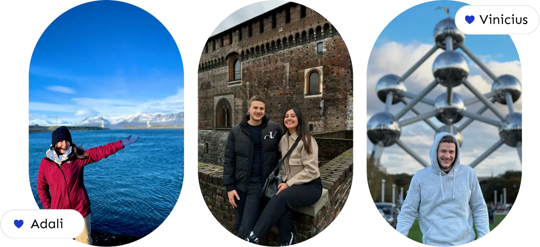 Photo collage of Adali and Vinicius in Italy and Brazil, smiling in historic and sunny environments.